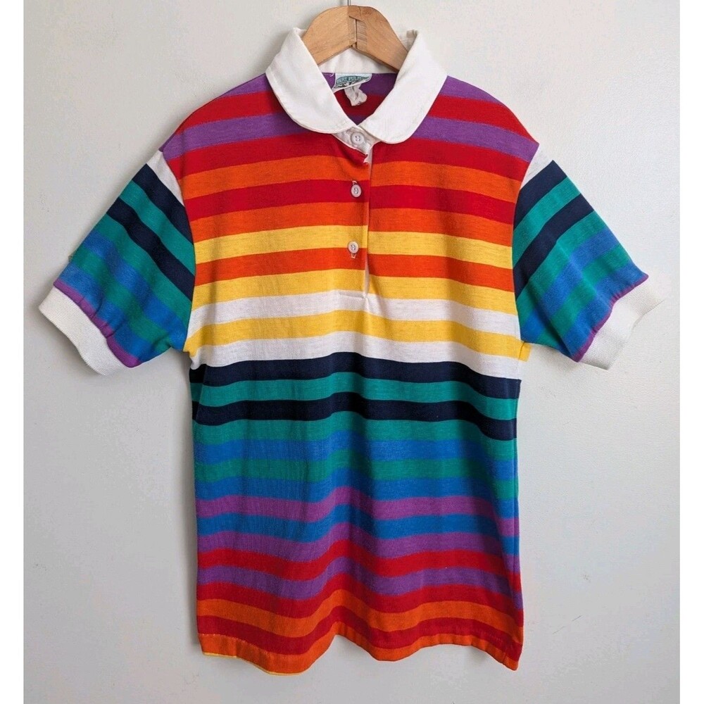 Vtg 80s Rainbow Stripe Polo Shirt Youth Girls M Short Slv Collar Pulitzer Preppy